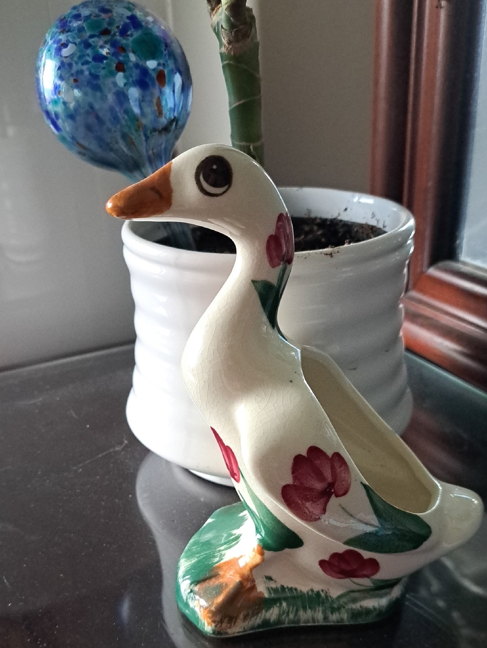 Ceramic Goose Planter – Cream with Green & Pink Floral Accents